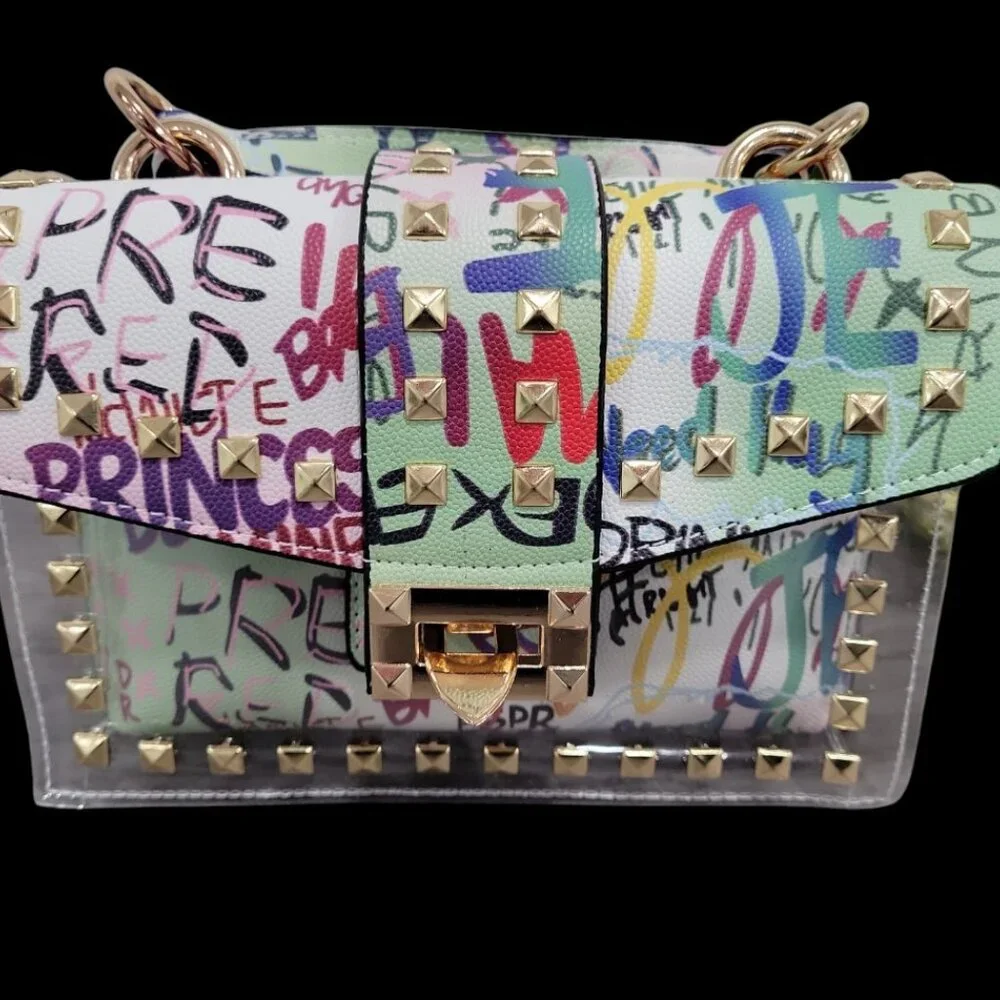 🎁 Graffiti Print Clear 2pc Crossbody Clutch w/ Studs & Removable Zippered Pouch - Picture 5 of 13